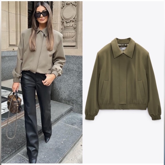 Zara Jackets & Blazers - ZARA KHAKI GREEN BOMBER JACKET WITH TOPSTITCHING AND POCKETS XS NWT 2384/707